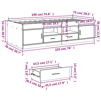 vidaXL Tagesbett mit Schubladen ohne Matratze Betongrau 75x190 cm