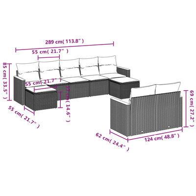 vidaXL 9-tlg. Garten-Sofagarnitur mit Kissen Schwarz Poly Rattan