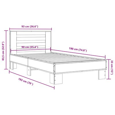 vidaXL Bettgestell Räuchereiche 90x190 cm Holzwerkstoff und Metall