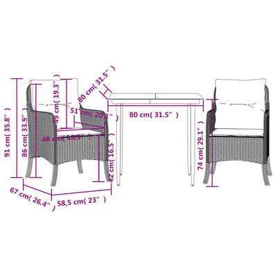 vidaXL 3-tlg. Garten-Essgruppe mit Kissen Grau Poly Rattan