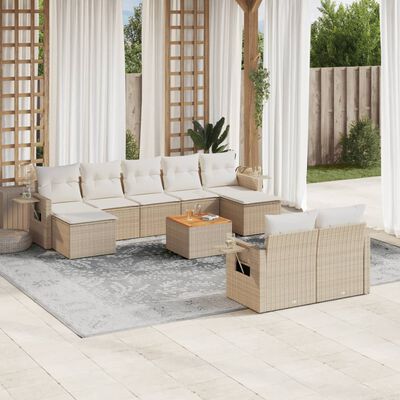 vidaXL 10-tlg. Garten-Sofagarnitur mit Kissen Beige Poly Rattan