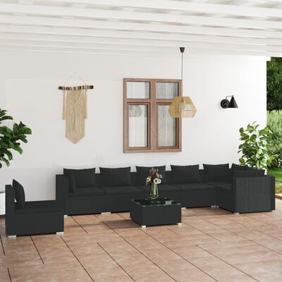 vidaXL 8-tlg. Garten-Lounge-Set mit Kissen Poly Rattan Schwarz