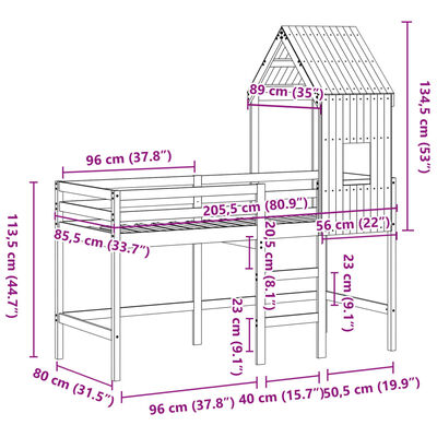 vidaXL Hochbett mit Leiter und Dach 80x200 cm Massivholz Kiefer