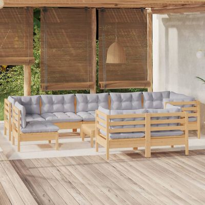 vidaXL 10-tlg. Garten-Lounge-Set mit Grauen Kissen Kiefer Massivholz