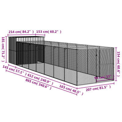 vidaXL Hundehütte mit Auslauf Anthrazit 214x865x181cm Verzinkter Stahl