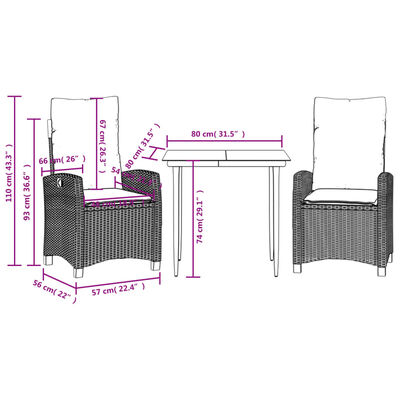 vidaXL 3-tlg. Garten-Essgruppe mit Kissen Braun Poly Rattan