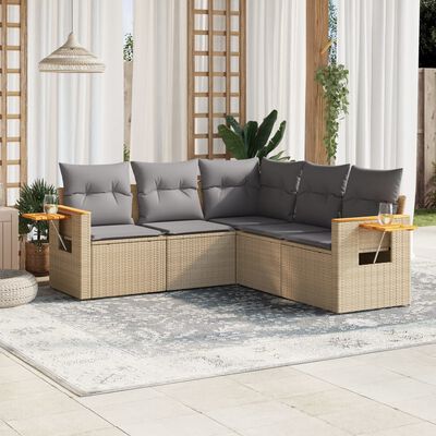 vidaXL 5-tlg. Garten-Sofagarnitur mit Kissen Beige Poly Rattan