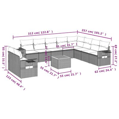 vidaXL 11-tlg. Garten-Sofagarnitur mit Kissen Grau Poly Rattan