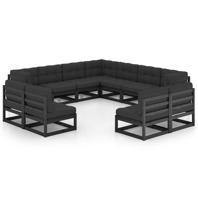 vidaXL 11-tlg. Garten-Lounge-Set mit Kissen Schwarz Kiefer Massivholz