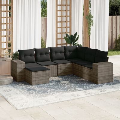 vidaXL 7-tlg. Garten-Sofagarnitur mit Kissen Grau Poly Rattan