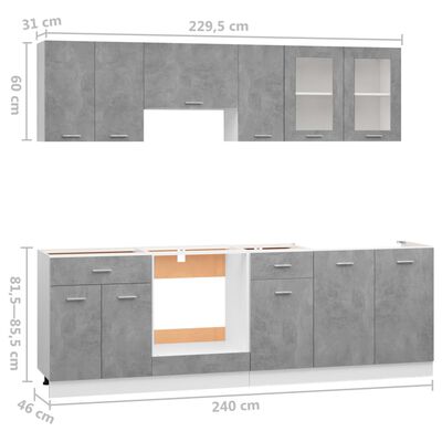 vidaXL 8-tlg. Küchenzeile Betongrau Holzwerkstoff