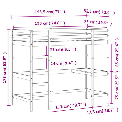 vidaXL Hochbett mit Schreibtisch 75x190 cm Massivholz Kiefer