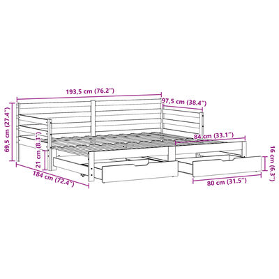 vidaXL Tagesbett Ausziehbar mit Schubladen Weiß 90x190 cm Kiefernholz