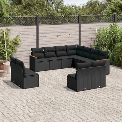 vidaXL 11-tlg. Garten-Sofagarnitur mit Kissen Schwarz Poly Rattan