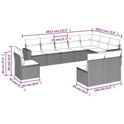 vidaXL 10-tlg. Garten-Sofagarnitur mit Kissen Grau Poly Rattan