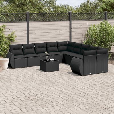 vidaXL 11-tlg. Garten-Sofagarnitur mit Kissen Schwarz Poly Rattan