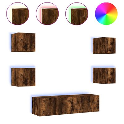 vidaXL 6-tlg. Wohnwand mit LED-Beleuchtung Räuchereiche Holzwerkstoff