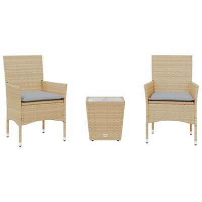 vidaXL 3-tlg. Bistro-Set mit Kissen Beige Poly Rattan und Glas