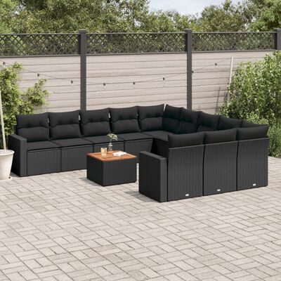 vidaXL 12-tlg. Garten-Sofagarnitur mit Kissen Schwarz Poly Rattan