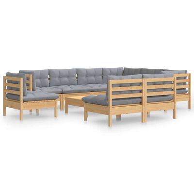 vidaXL 10-tlg. Garten-Lounge-Set mit Grauen Kissen Kiefer Massivholz