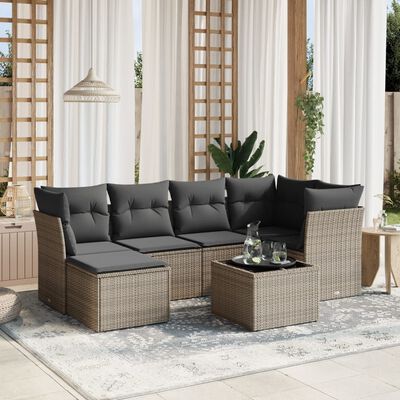 vidaXL 7-tlg. Garten-Sofagarnitur mit Kissen Grau Poly Rattan