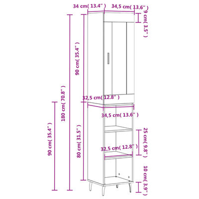 vidaXL Highboard Hochglanz-Weiß 34,5x34x180 cm Holzwerkstoff