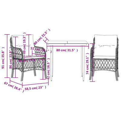 vidaXL 3-tlg. Bistro-Set mit Kissen Beigemischung Poly Rattan