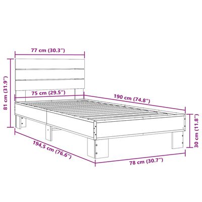 vidaXL Bettgestell Braun Eichen-Optik 75x190 cm Holzwerkstoff Metall