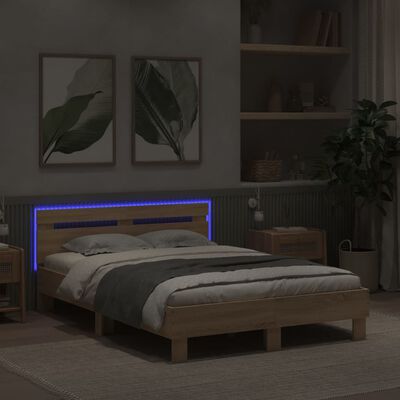 vidaXL Bettgestell mit Kopfteil LED-Beleuchtung Sonoma-Eiche 120x190cm