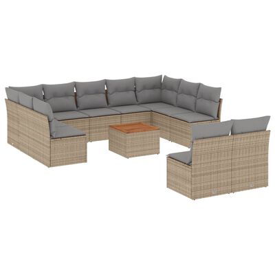 vidaXL 12-tlg. Garten-Sofagarnitur mit Kissen Beige Poly Rattan