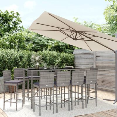 vidaXL 11-tlg. Gartenbar-Set mit Kissen Grau Poly Rattan