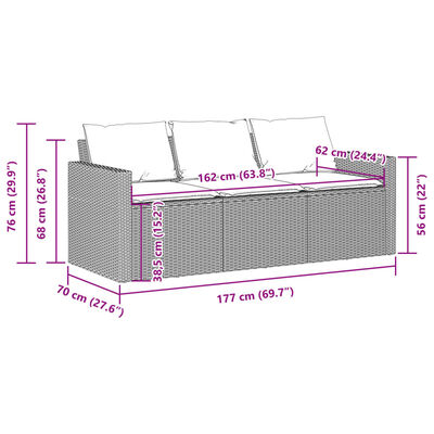 vidaXL Gartensofa mit Kissen 3-Sitzer Schwarz Poly Rattan