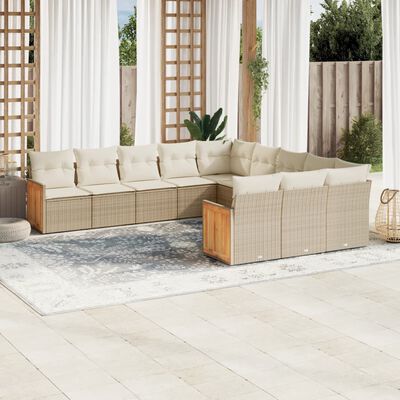 vidaXL 11-tlg. Garten-Sofagarnitur mit Kissen Beige Poly Rattan