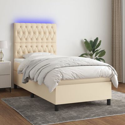 vidaXL Boxspringbett mit Matratze & LED Creme 90x190 cm Stoff