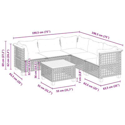 vidaXL 6-tlg. Garten-Sofagarnitur mit Kissen Schwarz Poly Rattan