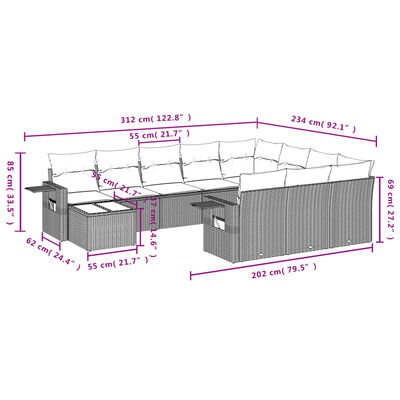 vidaXL 11-tlg. Garten-Sofagarnitur mit Kissen Schwarz Poly Rattan