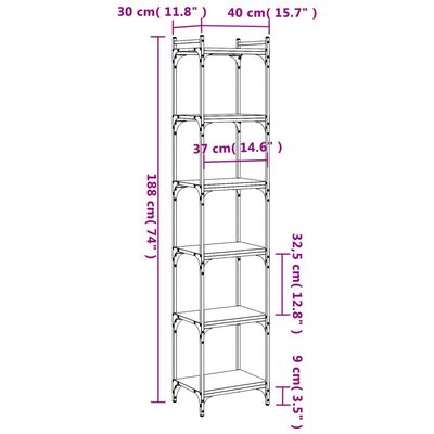 vidaXL Bücherregal 6 Böden Grau Sonoma 40x30x188 cm Holzwerkstoff