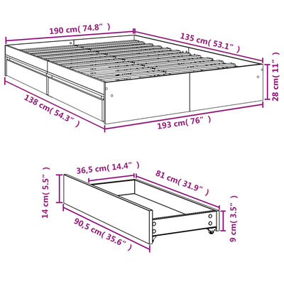 vidaXL Bettgestell mit Schubladen Räuchereiche 135x190cm Holzwerkstoff