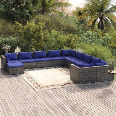 vidaXL 11-tlg. Garten-Lounge-Set mit Kissen Poly Rattan Grau