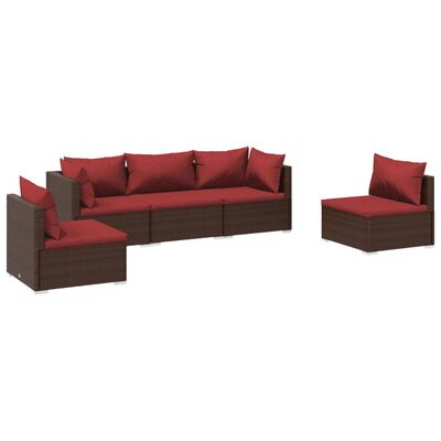 vidaXL 5-tlg. Garten-Lounge-Set mit Kissen Poly Rattan Braun