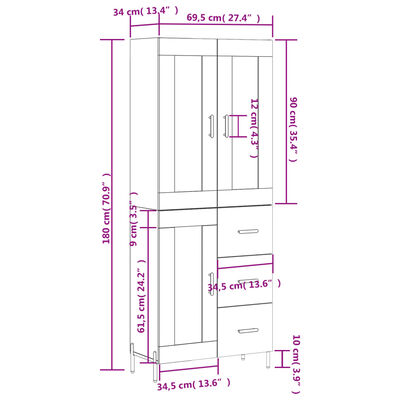 vidaXL Highboard Betongrau 69,5x34x180 cm Holzwerkstoff