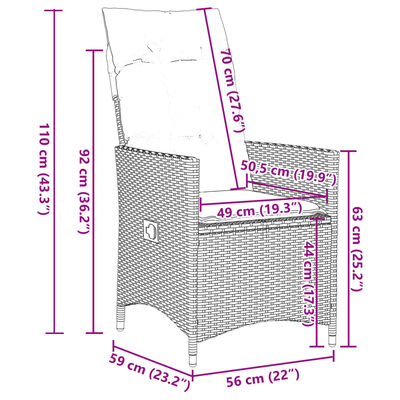 vidaXL Gartensessel mit Kissen 2 Stk. Verstellbar Grau Poly Rattan