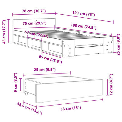 vidaXL Bettgestell mit Schublade Sonoma-Eiche 75x190 cm Holzwerkstoff