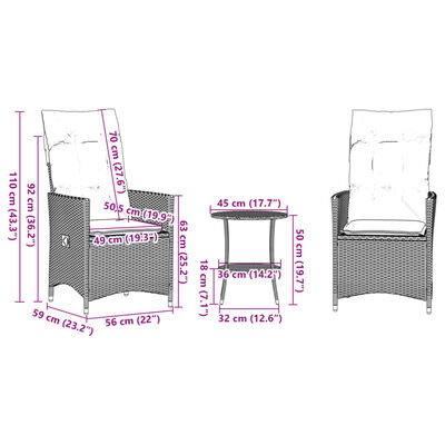 vidaXL 3-tlg. Bistro-Set mit Kissen Beige Poly Rattan