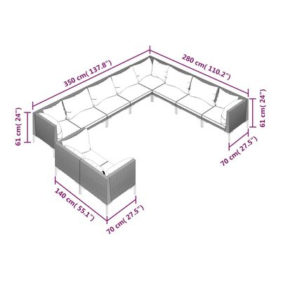 vidaXL 10-tlg. Garten-Lounge-Set mit Kissen Poly Rattan Dunkelgrau