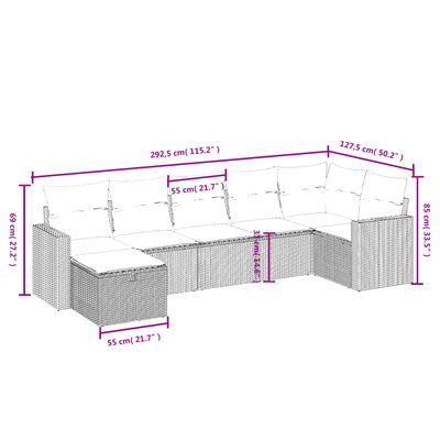 vidaXL 7-tlg. Garten-Sofagarnitur mit Kissen Schwarz Poly Rattan