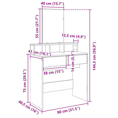 vidaXL Schminktisch mit Spiegel Räuchereiche 80x41x144,5 cm