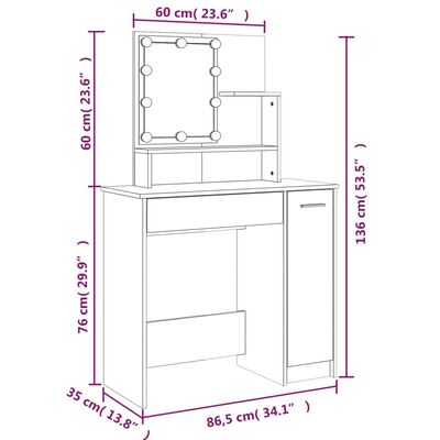 vidaXL Schminktisch mit LED Braun Eichen-Optik 86,5x35x136 cm