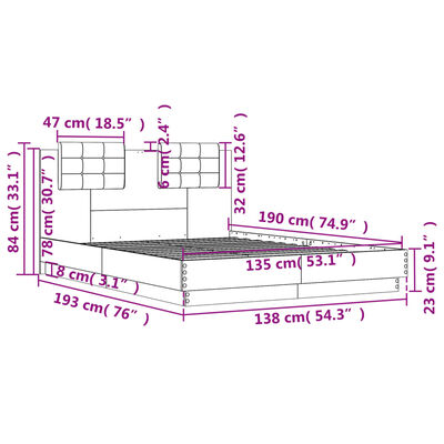 vidaXL Bettgestell mit Kopfteil Grau Sonoma 135x190 cm Holzwerkstoff