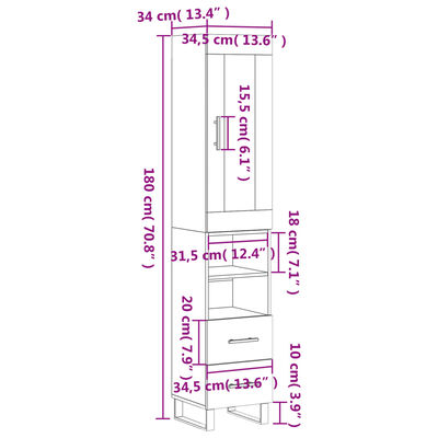 vidaXL Highboard Hochglanz-Weiß 34,5x34x180 cm Holzwerkstoff